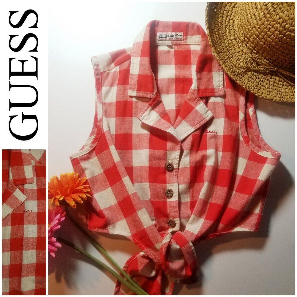 🍎GUESS JEANS VINTAGE RED GINGHAM TIE TOP🌻
